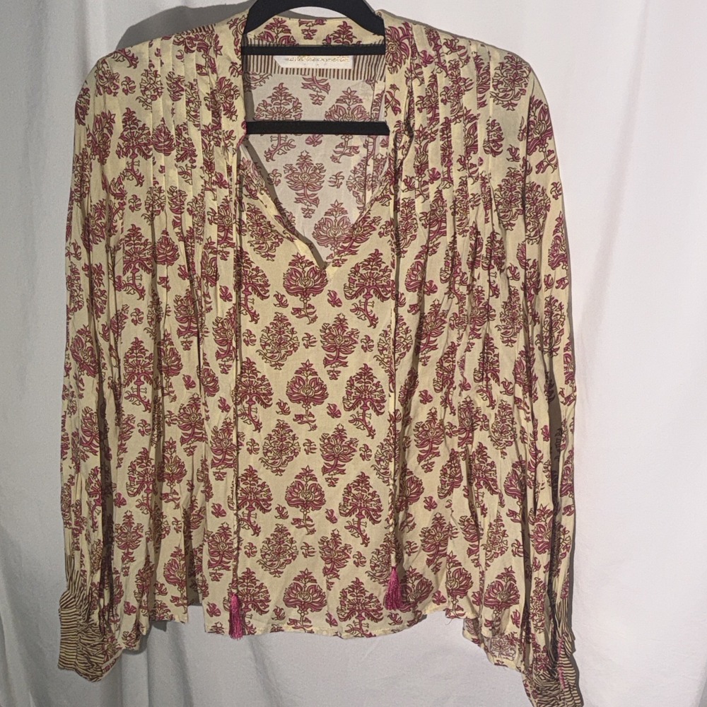 Natalie Martin Women's Patterned Ivory Pink Long Sleeve V-Neck Blouse Size S